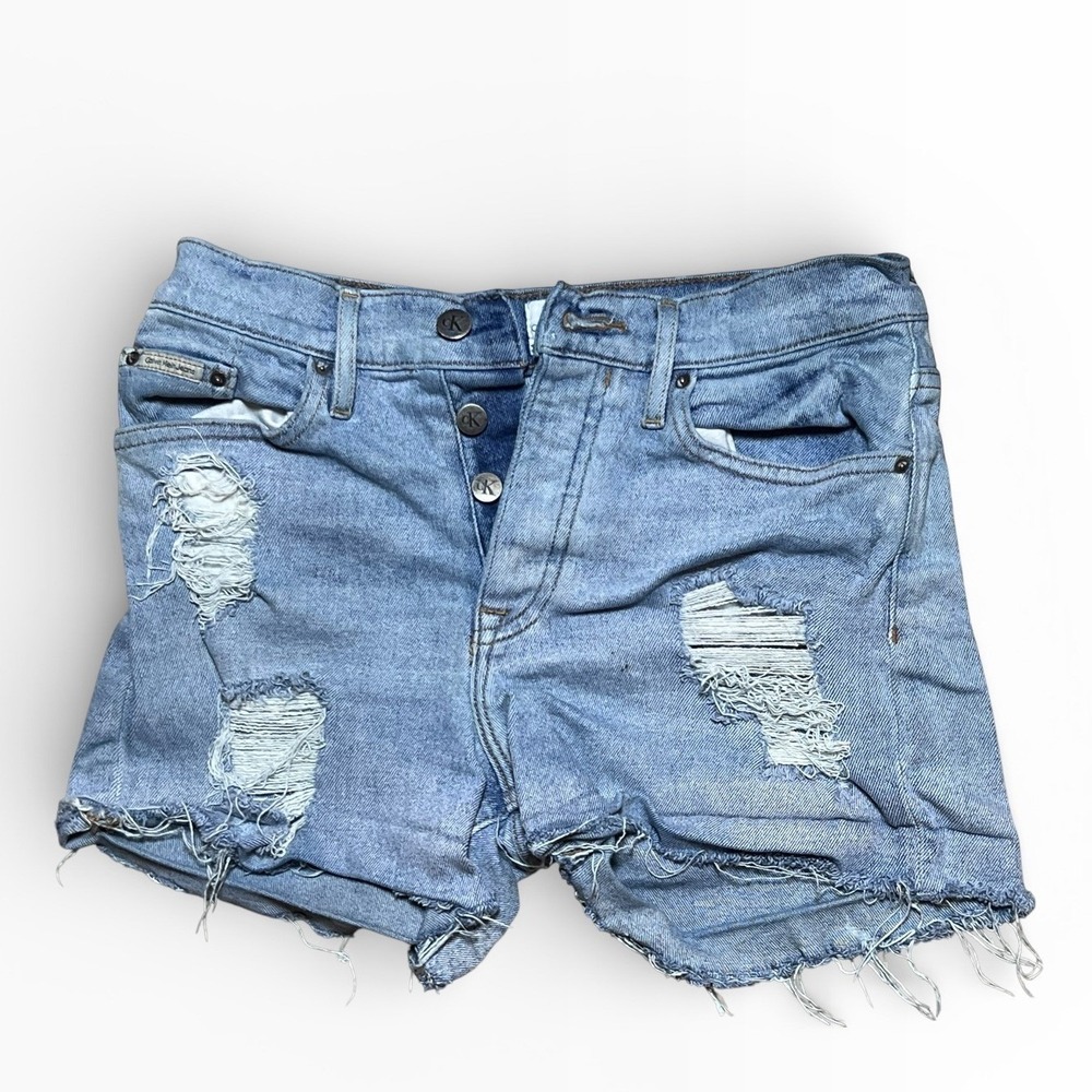 Calvin Klein Jeans Size 26 Distressed High Waist Denim Shorts Raw Hem Stretch CK